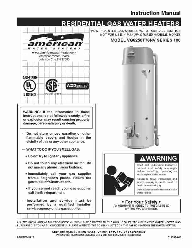 American Water Heater Water Heater VG6250T76NV Series 100-page_pdf
